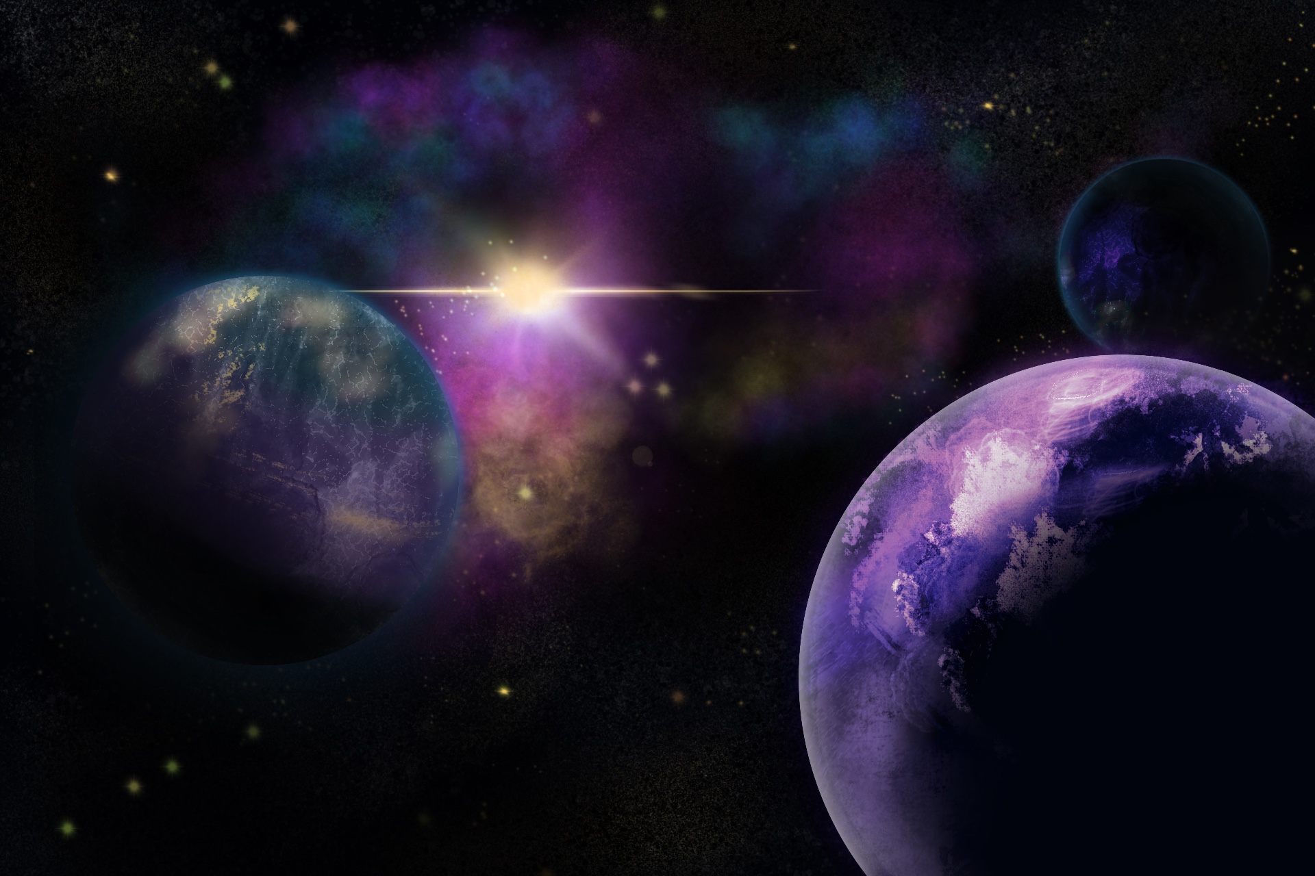 A drawn picture of space, some stars, a nebula and a couple of purple planets.